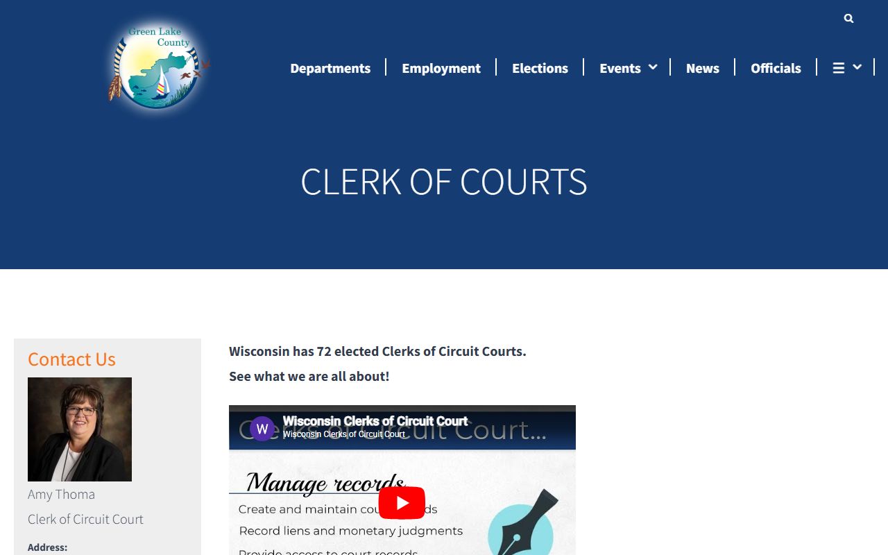 Green Lake County Clerk of Circuit Court page with court address, hours, payment details, and WCCA link