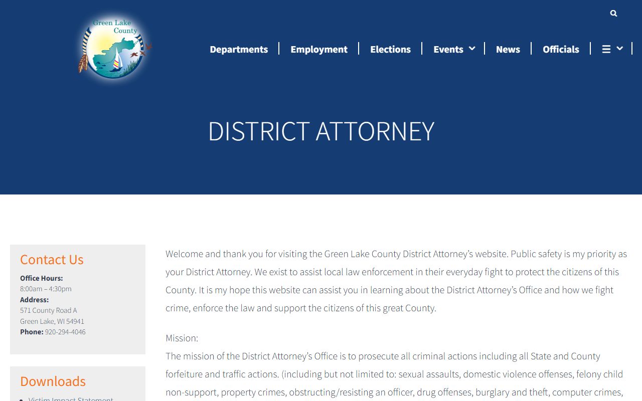 Green Lake County District Attorney page showing prosecutor role, staff, public-file FAQ, and glossary