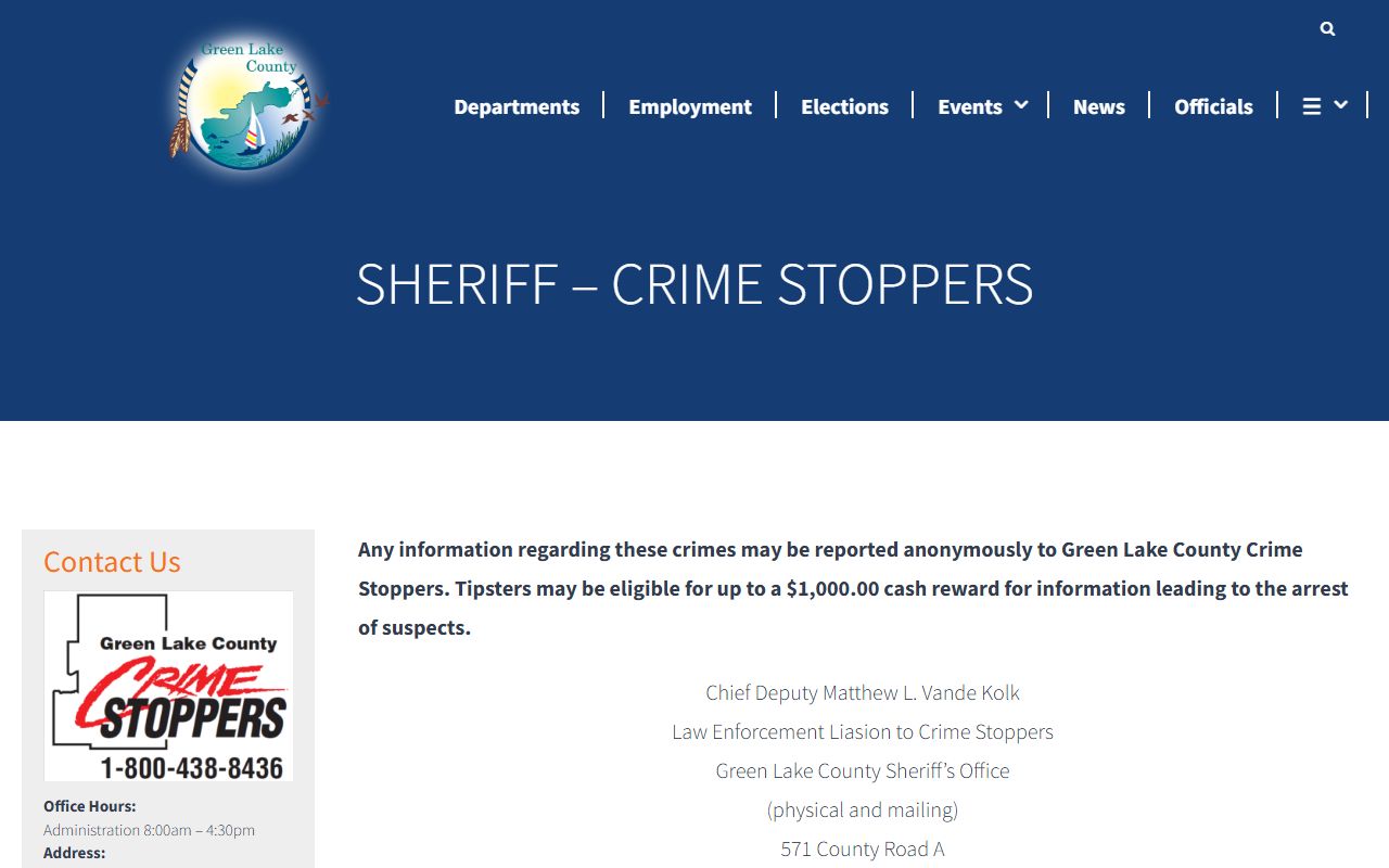 Green Lake County Crime Stoppers warrant and tip information related to inmate population searches