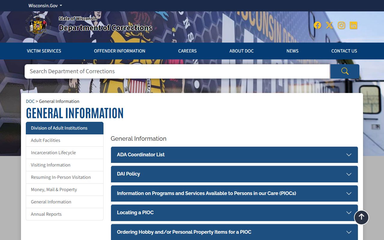 Wisconsin DOC information page explaining state prison locator coverage separate from county jails