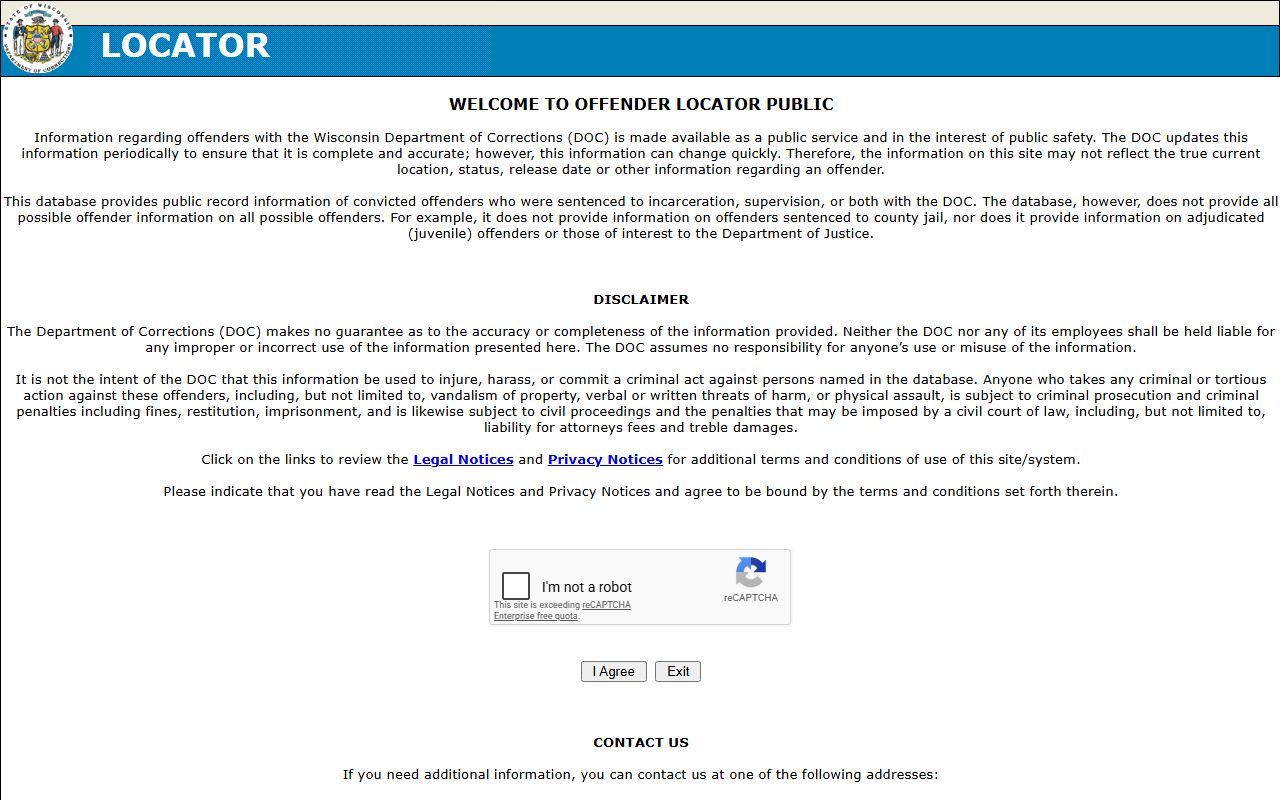 Wisconsin DOC Offender Locator public portal for sentenced state prison and supervision records